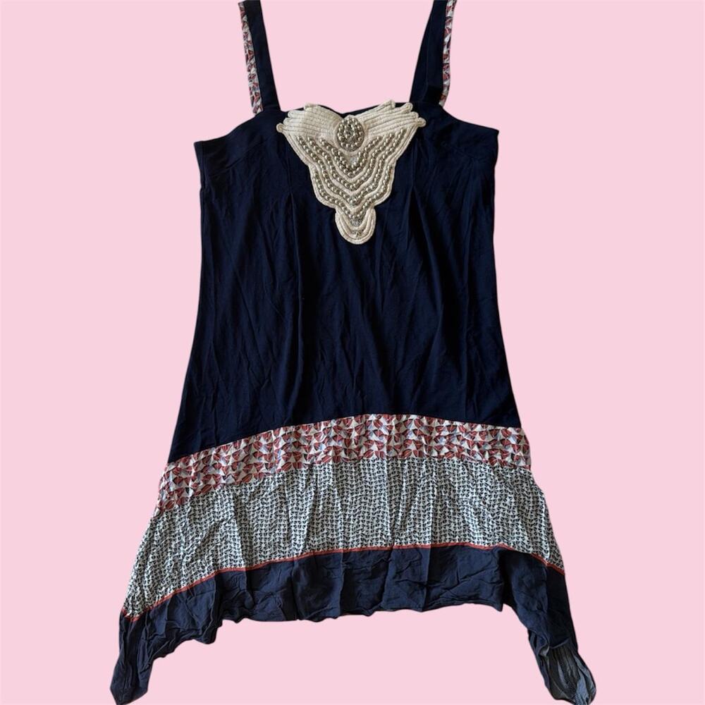La mode est a vous Navy blue beaded mini dress with asymmetrical hem, size 36